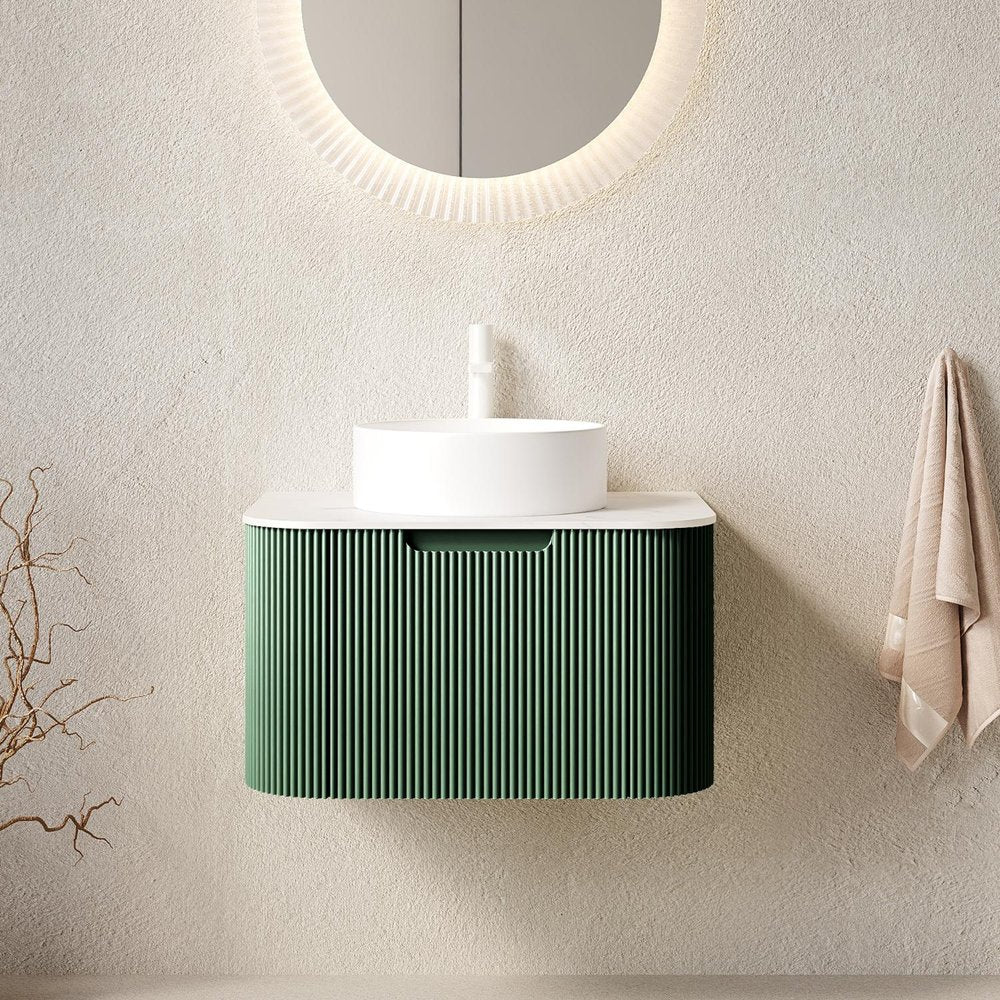 24" Green Wood Floating Bathroom Vanity With White Ceramic Sink — view 1