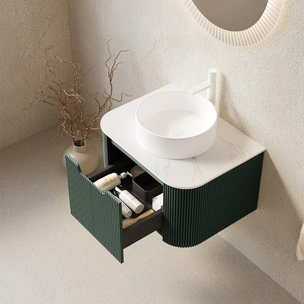 24" Green Wood Floating Bathroom Vanity With White Ceramic Sink — view 3
