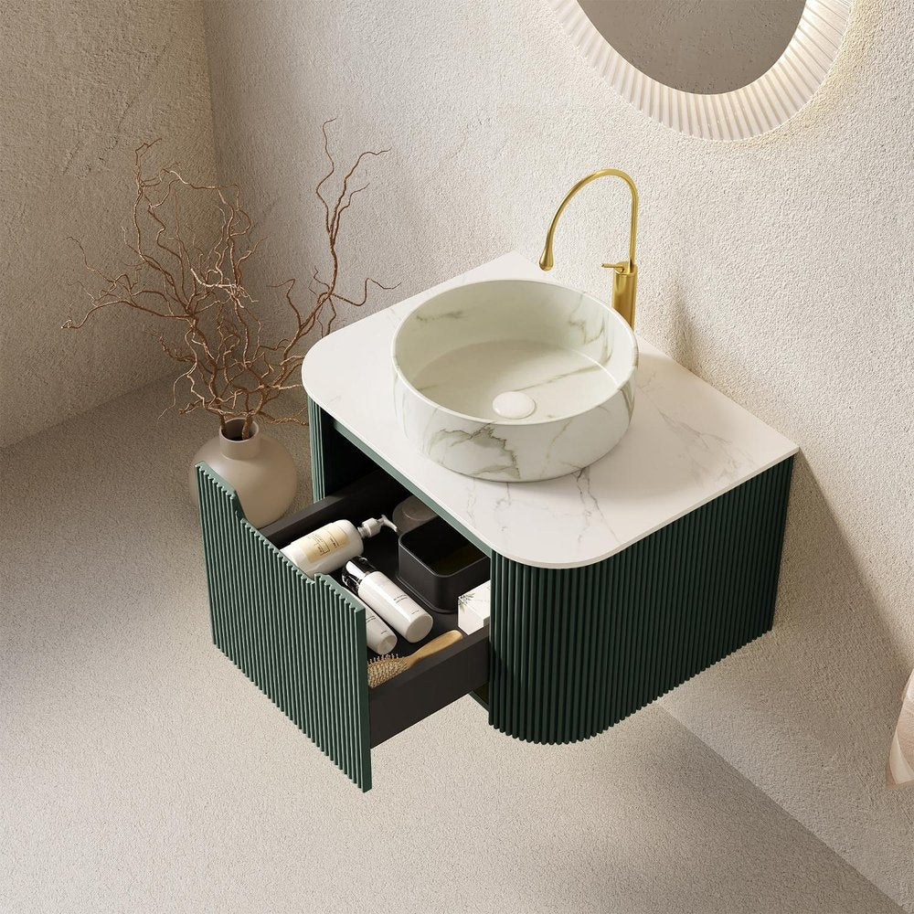 24" Green Wood Floating Bathroom Vanity With White Ceramic Sink — view 2