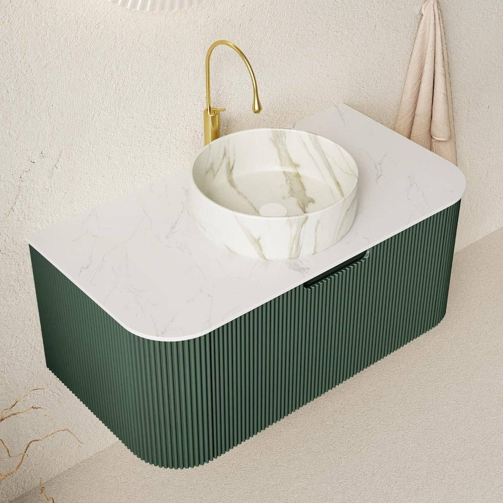 36" Green Wood Floating Bathroom Vanity With White Ceramic Sink — view 4