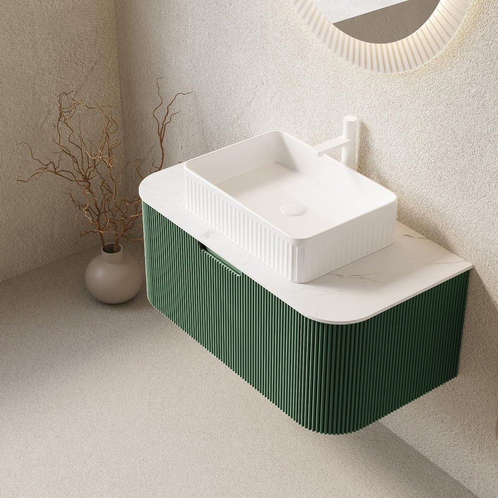 36" Green Wood Floating Bathroom Vanity With White Ceramic Sink HomeRoots