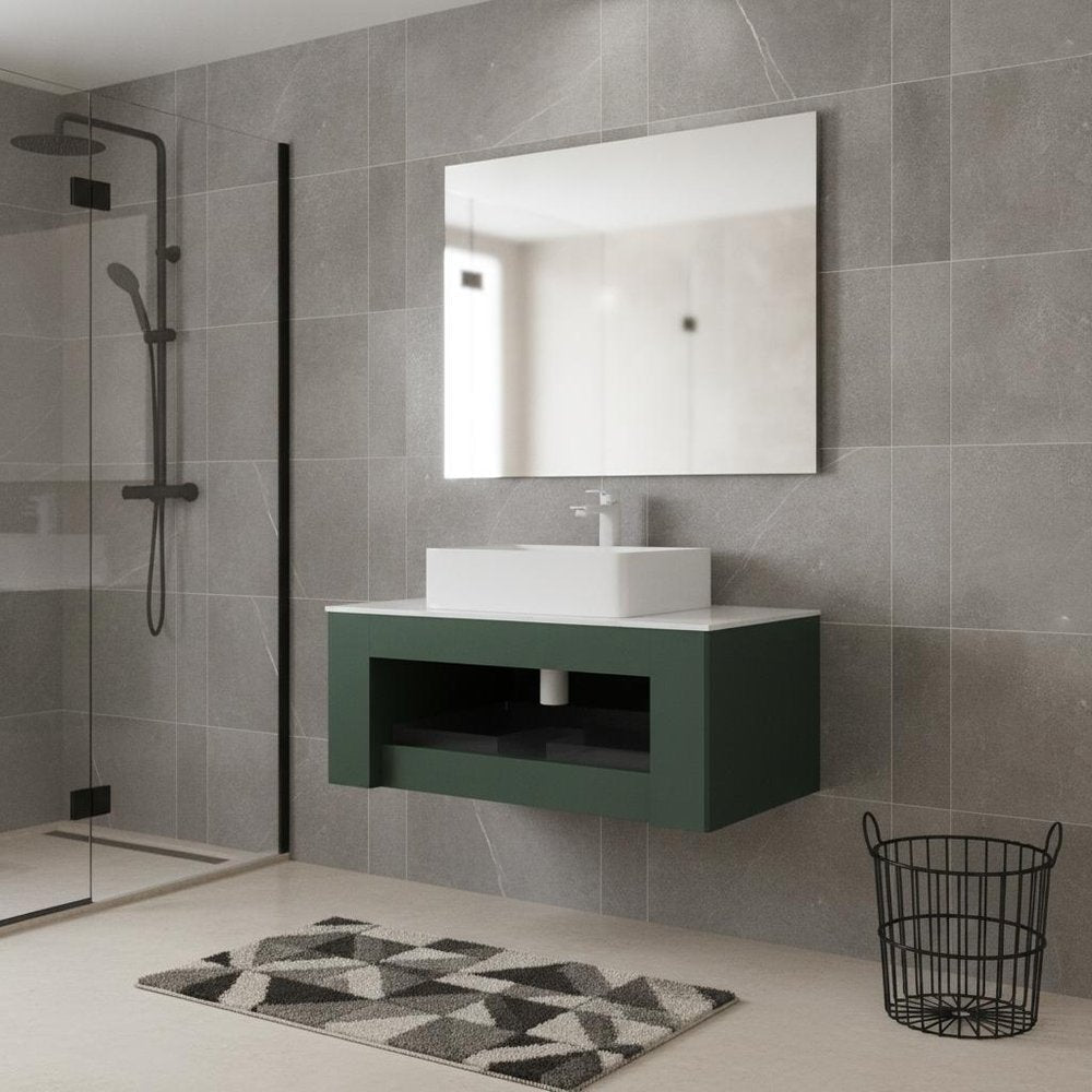 36" Green Wood Floating Bathroom Vanity With White Ceramic Sink — view 7