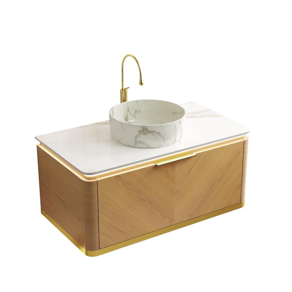 36" Brown Wood Floating Bathroom Vanity With White Ceramic Sink