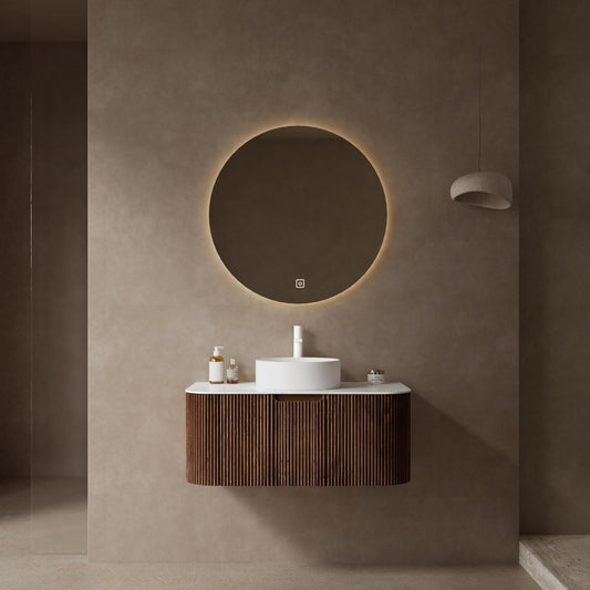 36" Brown Wood Floating Bathroom Vanity With White Ceramic Sink