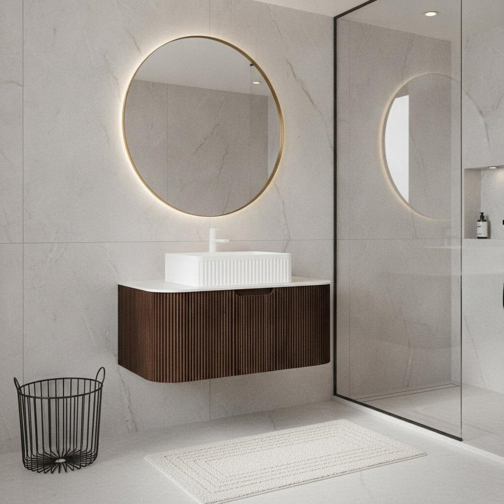 36" Brown Wood Floating Bathroom Vanity With White Ceramic Sink — view 6