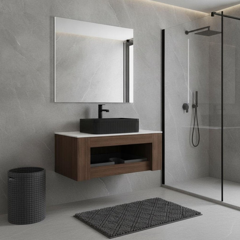 36" Brown Wood Floating Bathroom Vanity With Black Ceramic Sink — view 4