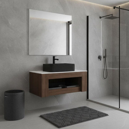 36" Brown Wood Floating Bathroom Vanity With Black Ceramic Sink HomeRoots