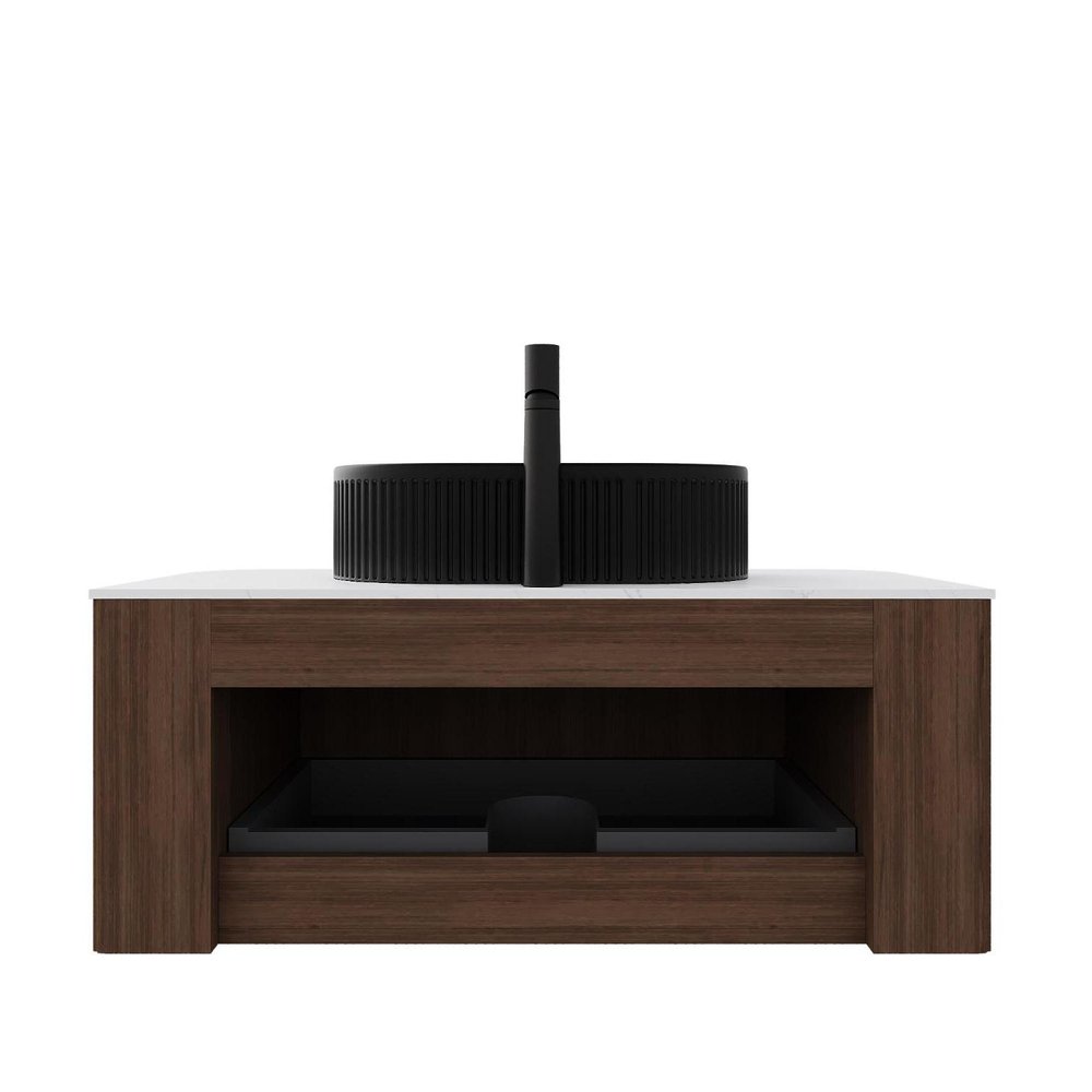 36" Brown Wood Floating Bathroom Vanity With Black Ceramic Sink — view 2
