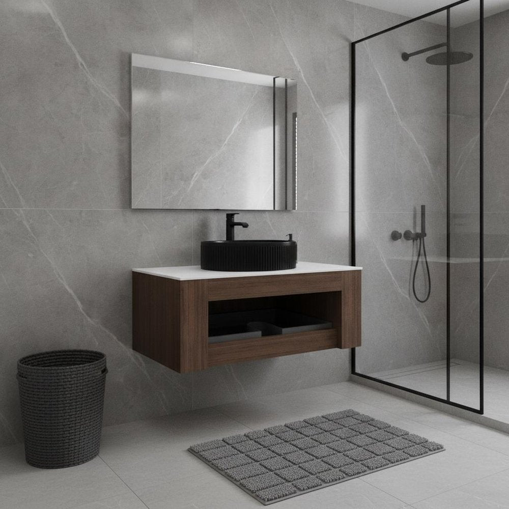 36" Brown Wood Floating Bathroom Vanity With Black Ceramic Sink HomeRoots