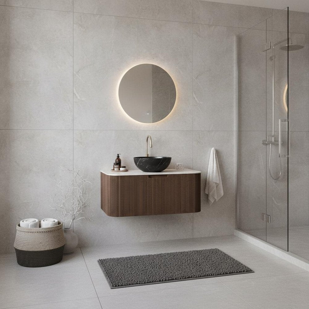 36" Brown Wood Floating Bathroom Vanity With Black Ceramic Sink — view 1