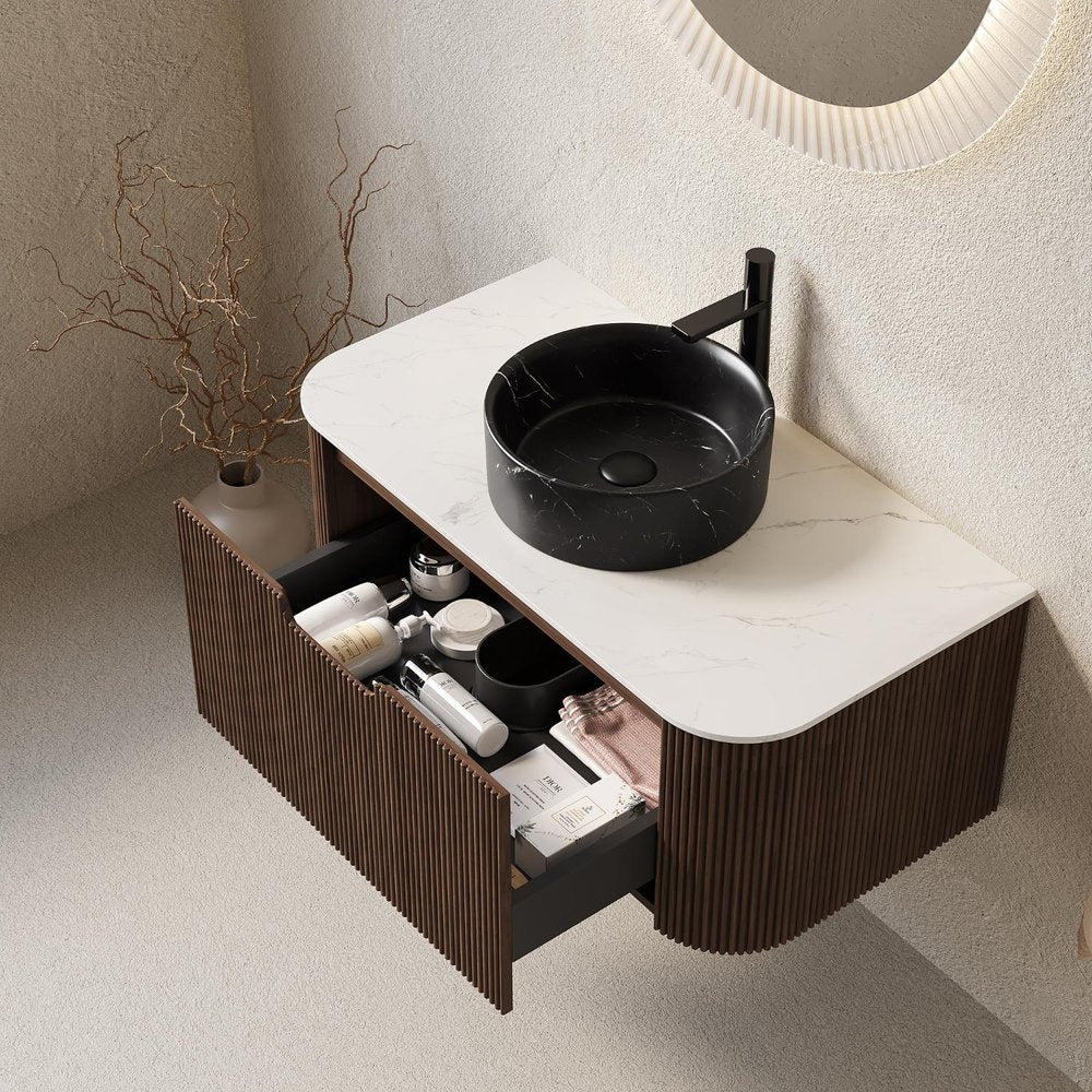 36" Brown Wood Floating Bathroom Vanity With Black Ceramic Sink — view 1