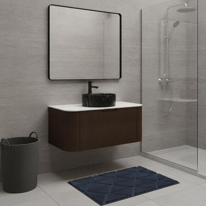 36" Brown Wood Floating Bathroom Vanity With Black Ceramic Sink HomeRoots