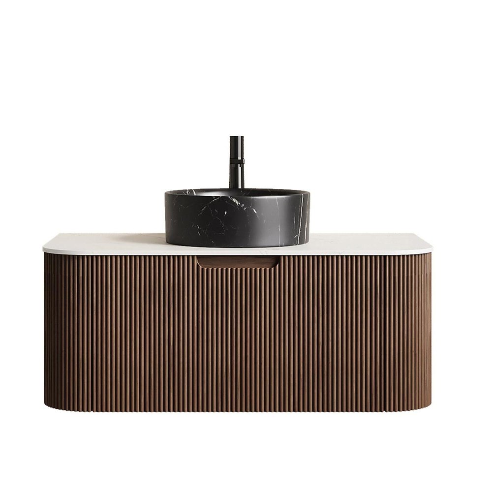 36" Brown Wood Floating Bathroom Vanity With Black Ceramic Sink HomeRoots