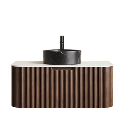 36" Brown Wood Floating Bathroom Vanity With Black Ceramic Sink HomeRoots