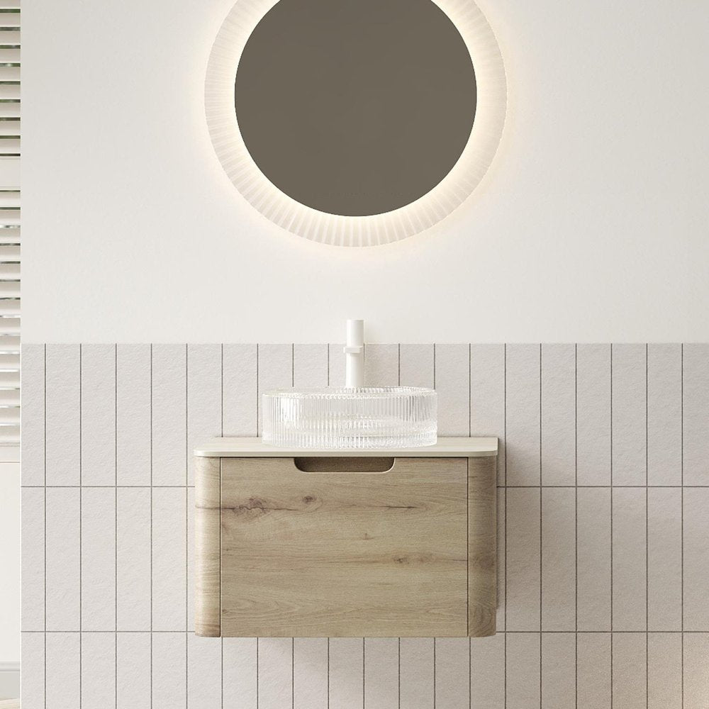 24" Brown Wood Floating Bathroom Vanity With White Glass Sink — view 1