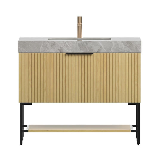 36" Brown Wood Bathroom Vanity With White Ceramic Sink