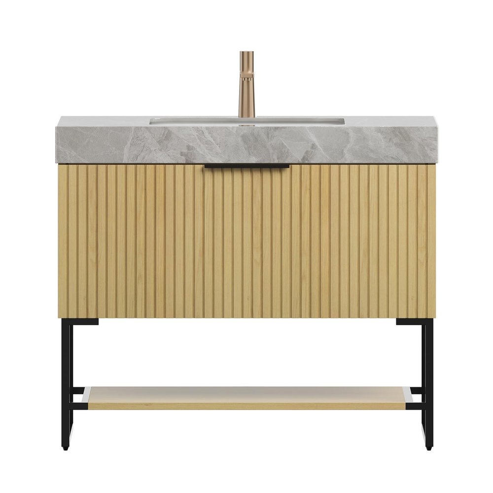 36" Brown Wood Bathroom Vanity With White Ceramic Sink HomeRoots