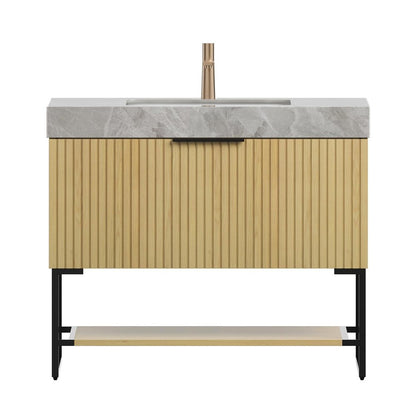 36" Brown Wood Bathroom Vanity With White Ceramic Sink HomeRoots