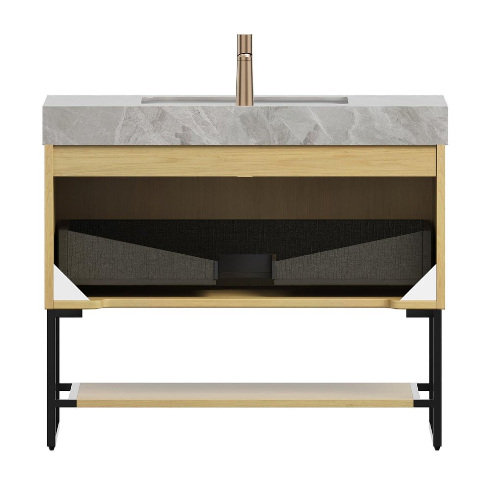 36" Brown Wood Bathroom Vanity With White Ceramic Sink — view 2