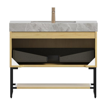 36" Brown Wood Bathroom Vanity With White Ceramic Sink HomeRoots