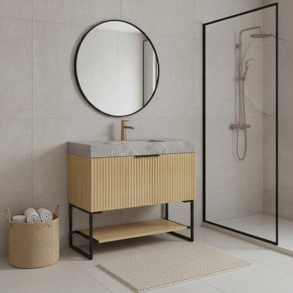 36" Brown Wood Bathroom Vanity With White Ceramic Sink