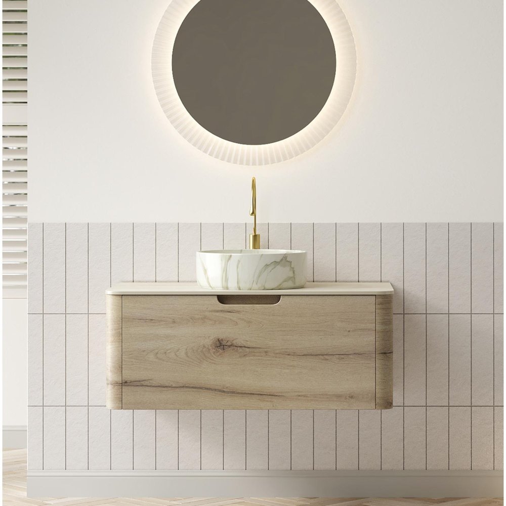 36" Brown Wood Floating Bathroom Vanity With White Ceramic Sink