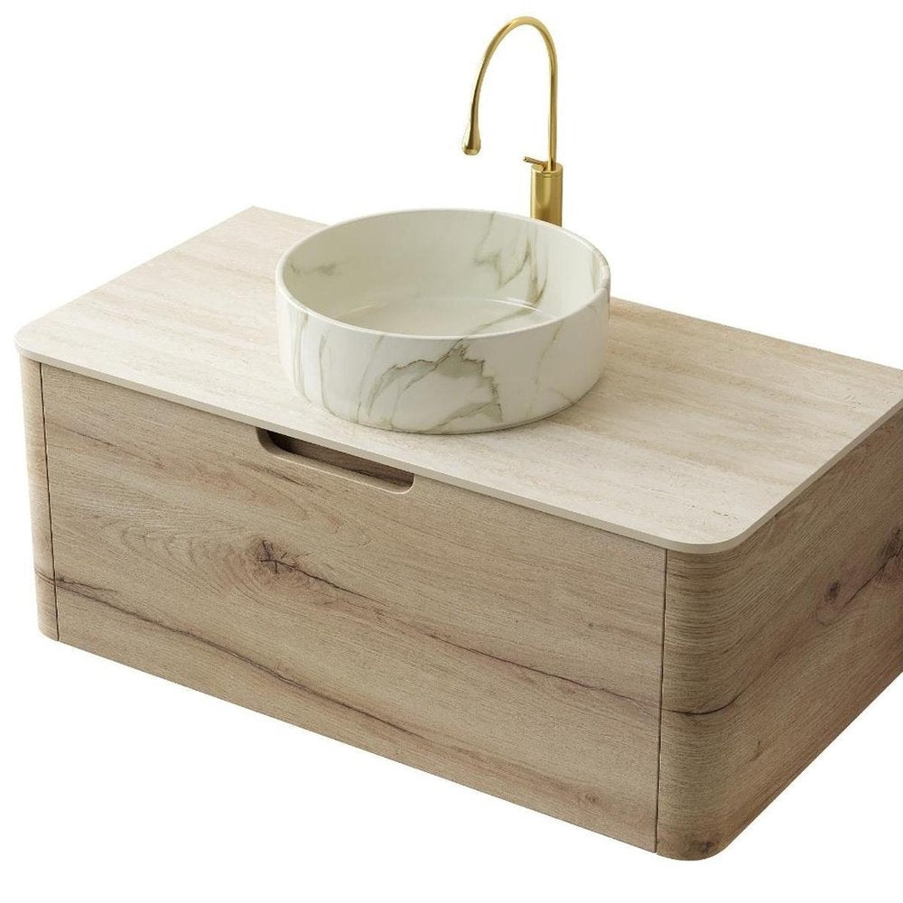 36" Brown Wood Floating Bathroom Vanity With White Ceramic Sink HomeRoots