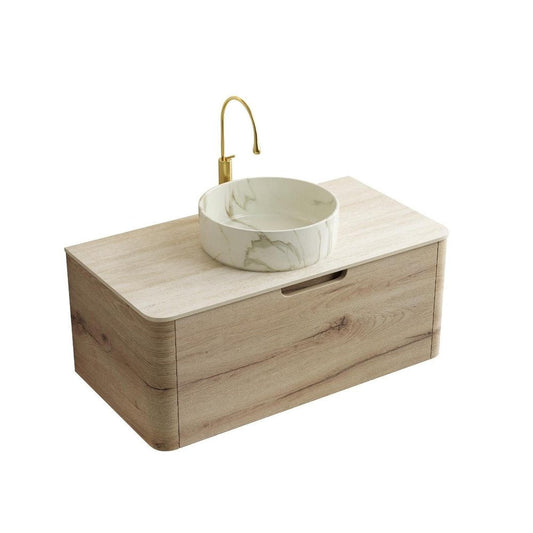 36" Brown Wood Floating Bathroom Vanity With White Ceramic Sink