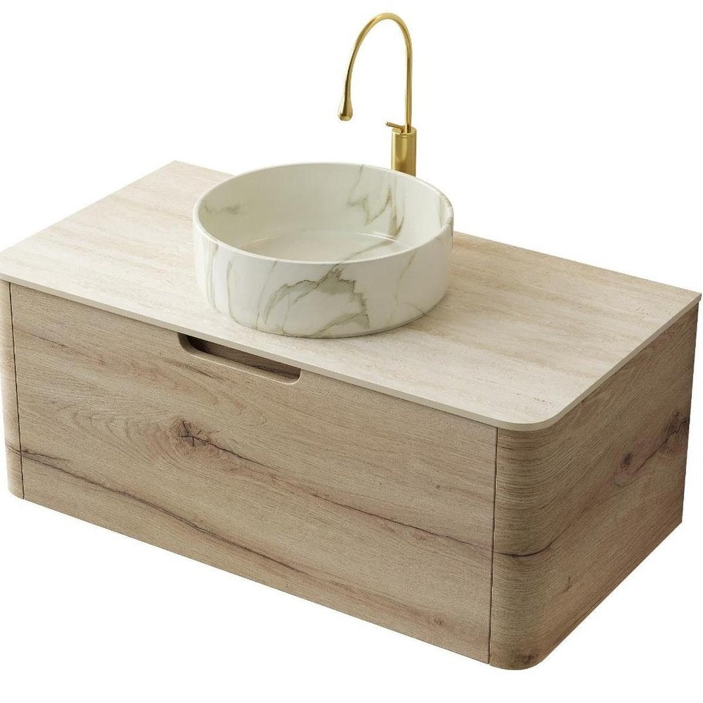 36" Brown Wood Floating Bathroom Vanity With White Ceramic Sink — view 3