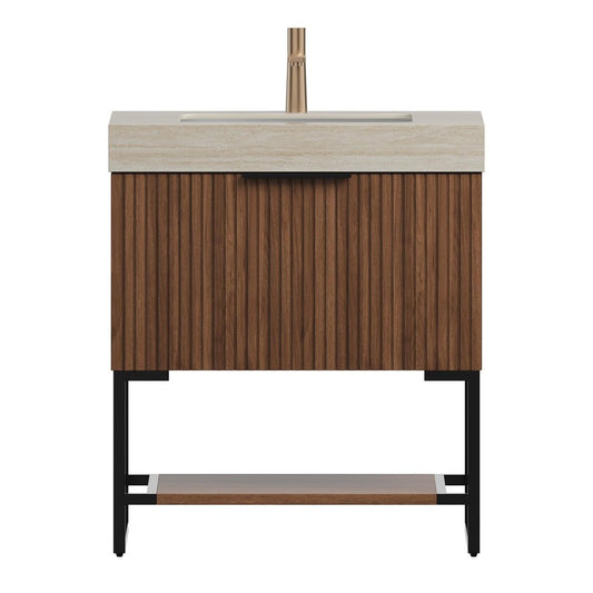 30" Brown Wood Bathroom Vanity With White Ceramic Sink
