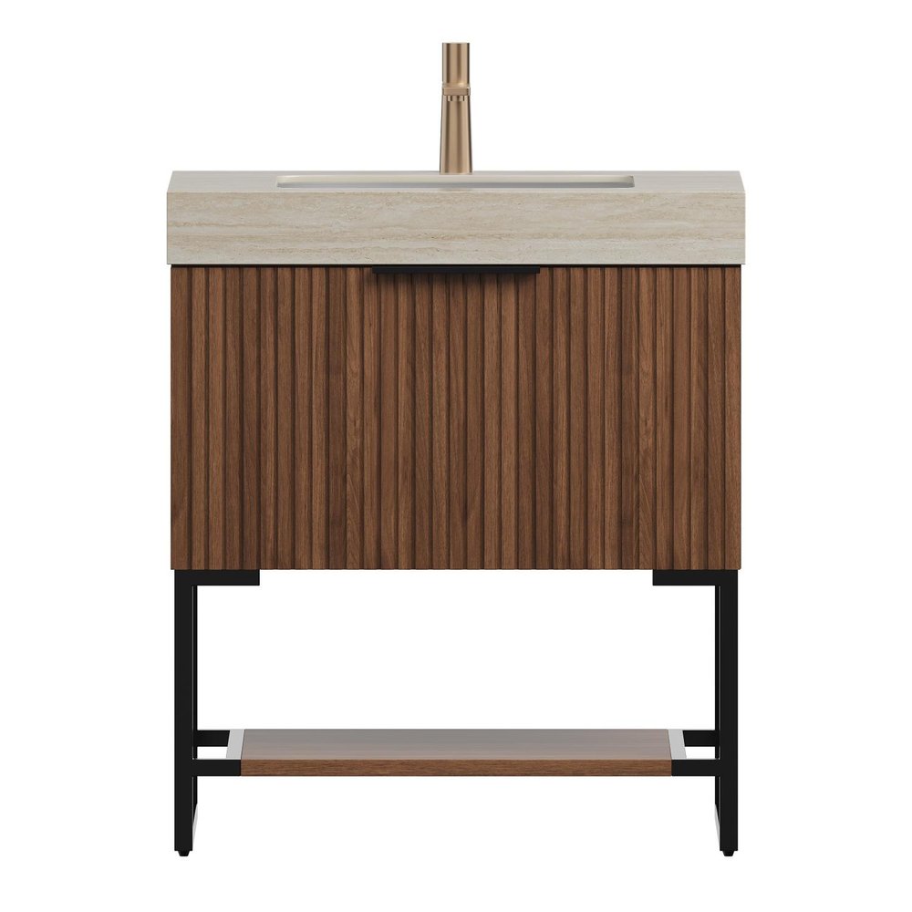 30" Brown Wood Bathroom Vanity With White Ceramic Sink — view 1