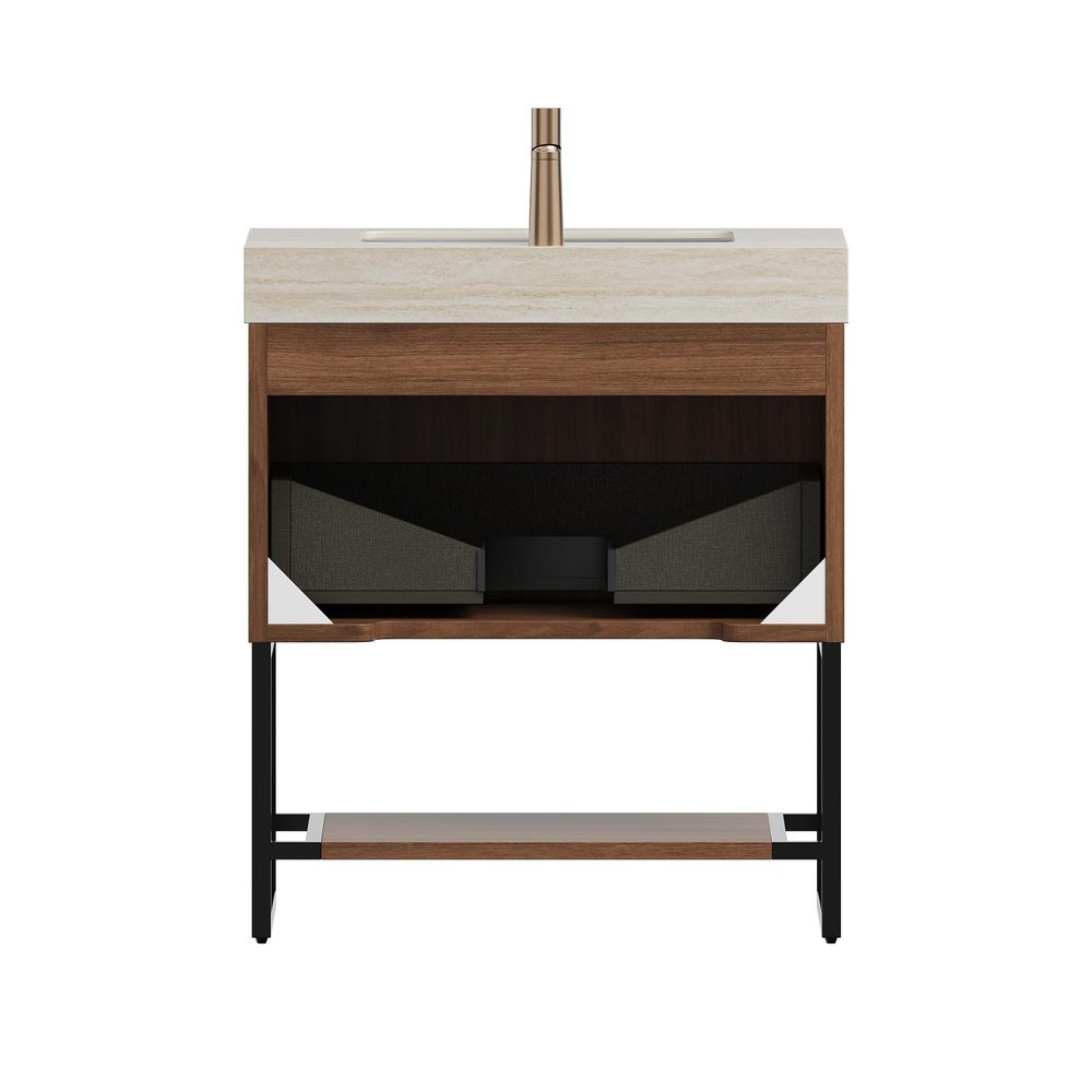 30" Brown Wood Bathroom Vanity With White Ceramic Sink — view 2