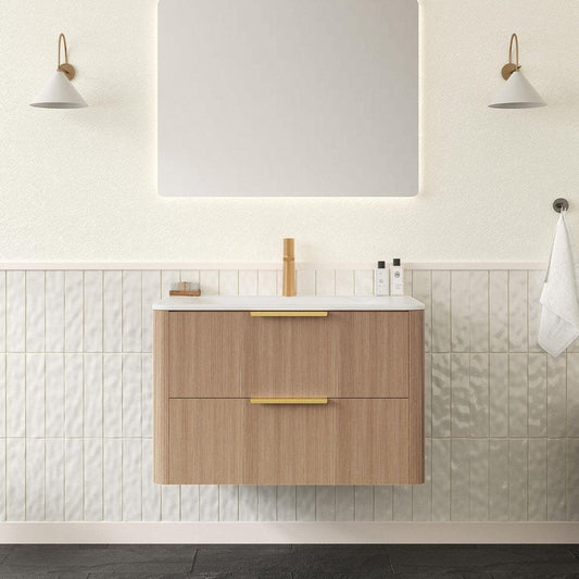 30" Brown Wood Floating Bathroom Vanity With White Ceramic Sink With Two Drawers