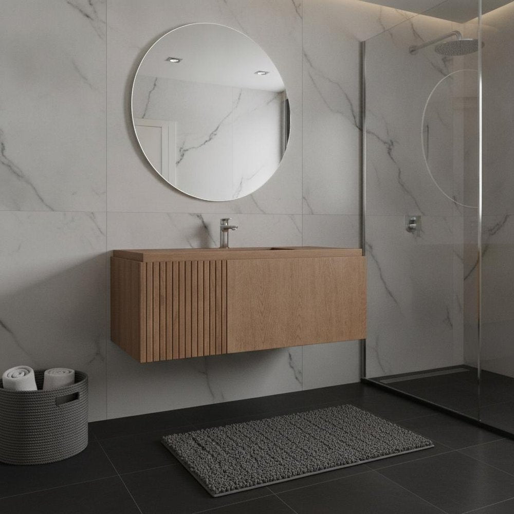 35" Brown Wood Floating Single Door Bathroom Vanity HomeRoots