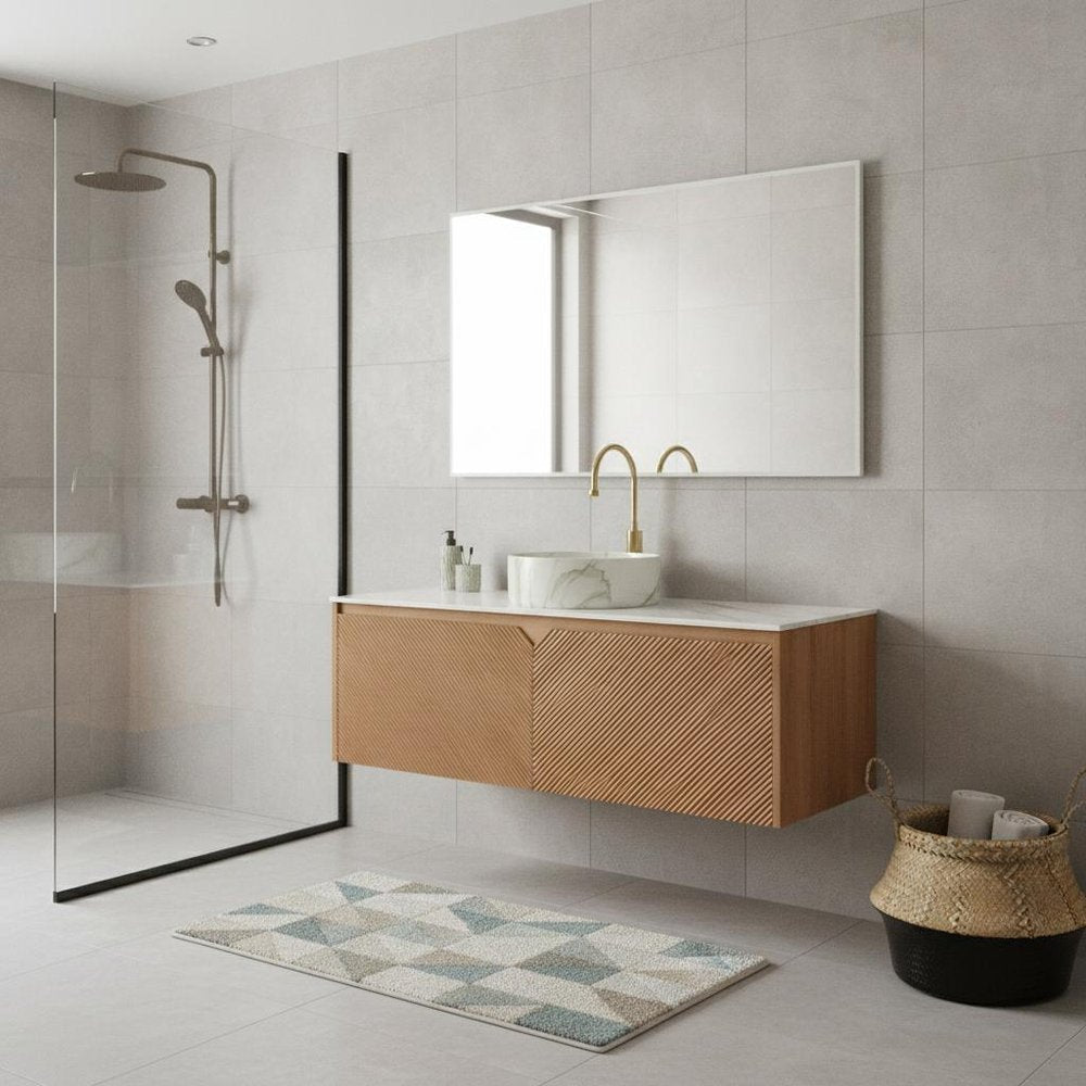 48" Brown Wood Floating Double Door Bathroom Vanity With White Ceramic Sink HomeRoots