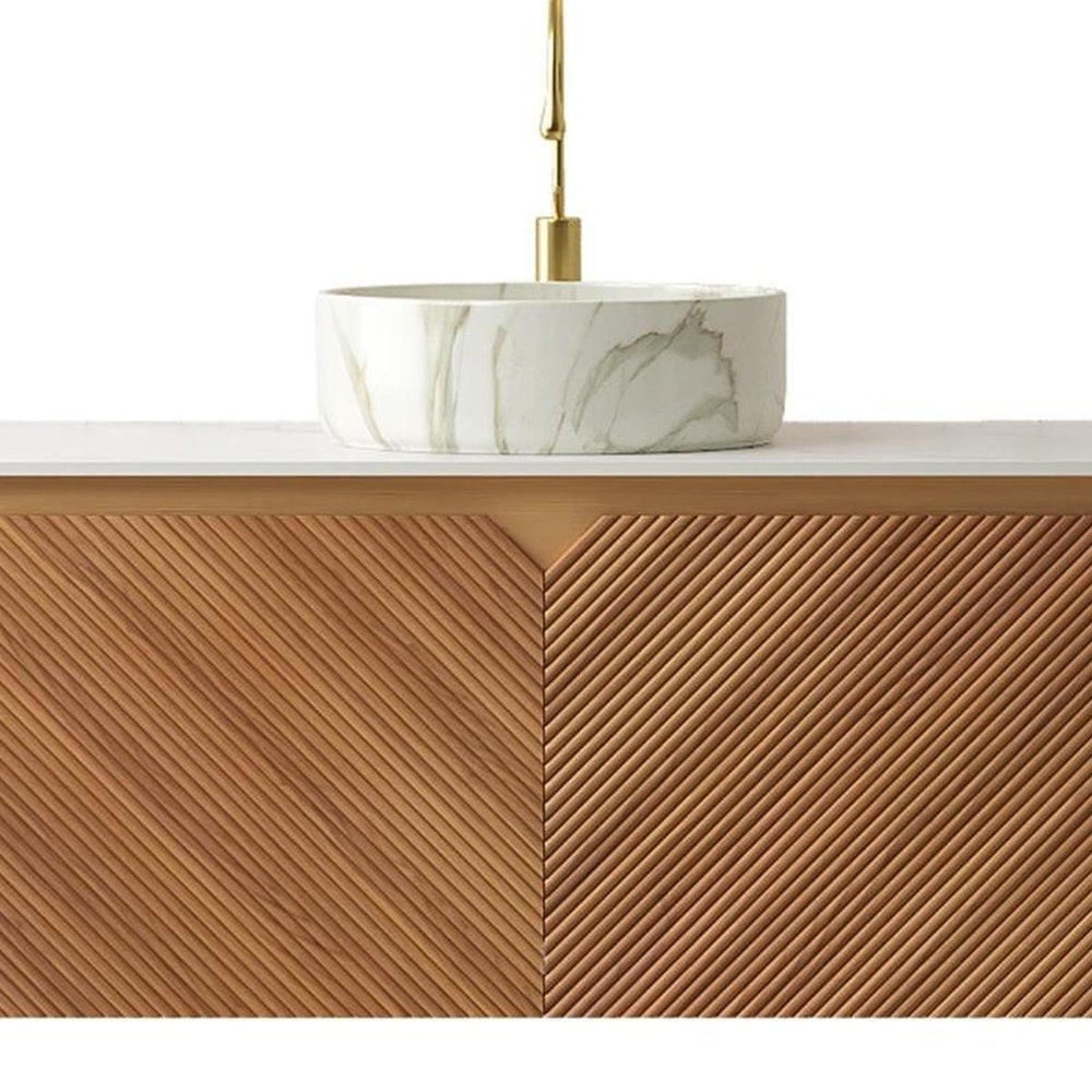 48" Brown Wood Floating Double Door Bathroom Vanity With White Ceramic Sink HomeRoots