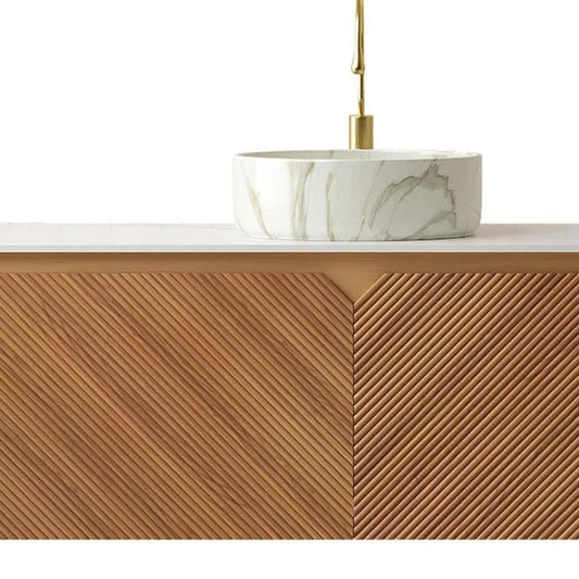 48" Brown Wood Floating Double Door Bathroom Vanity With White Ceramic Sink