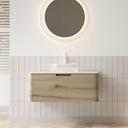 36" Brown Wood Floating Bathroom Vanity With White Glass Sink