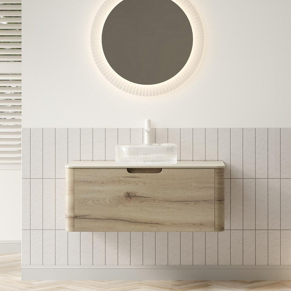 36" Brown Wood Floating Bathroom Vanity With White Glass Sink HomeRoots