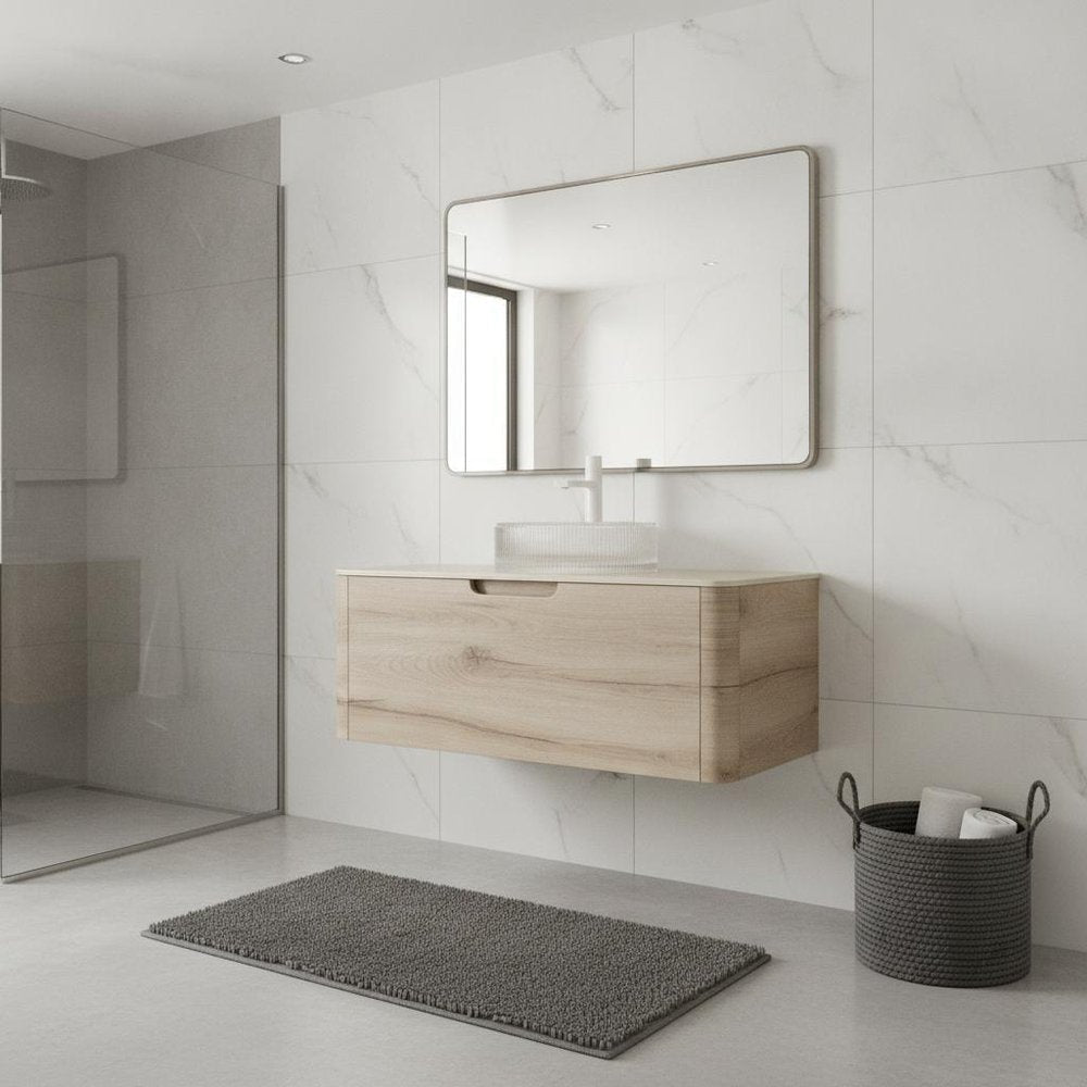 36" Brown Wood Floating Bathroom Vanity With White Glass Sink — view 1