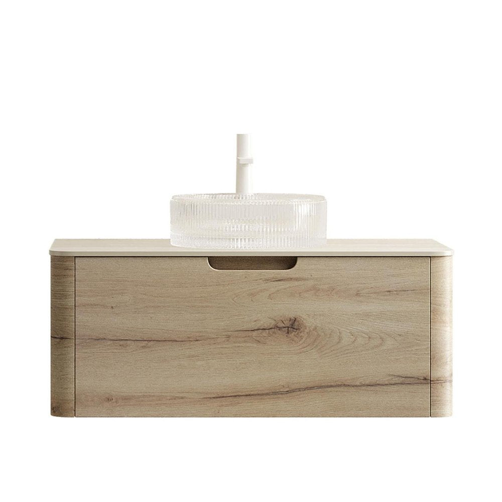 36" Brown Wood Floating Bathroom Vanity With White Glass Sink — view 6