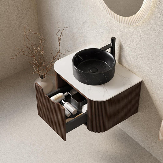 24" Brown Wood Floating Bathroom Vanity With Black Ceramic Sink