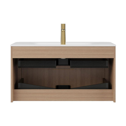 36" Brown Wood Floating Bathroom Vanity With White Ceramic Sink With Two Drawers HomeRoots