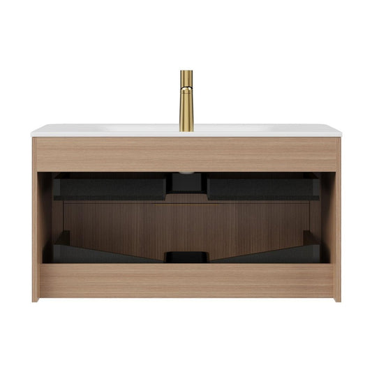 36" Brown Wood Floating Bathroom Vanity With White Ceramic Sink With Two Drawers