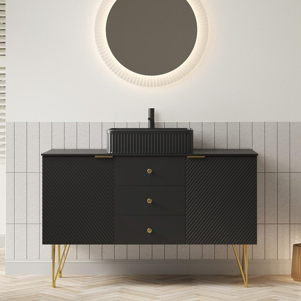 48" Black Wood Three Door Bathroom Vanity With Ceramic Sink With Two Drawers HomeRoots
