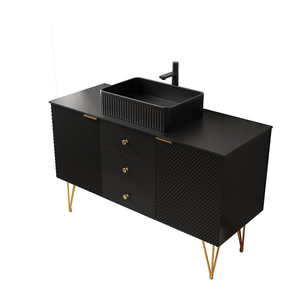 48" Black Wood Three Door Bathroom Vanity With Ceramic Sink With Two Drawers — view 2