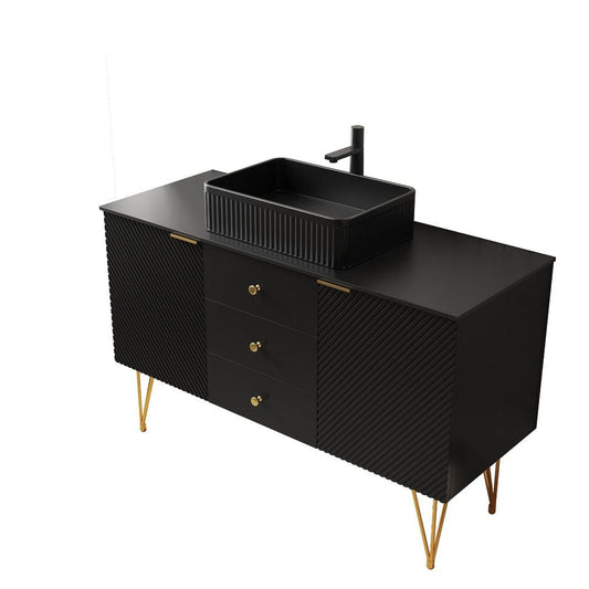 48" Black Wood Three Door Bathroom Vanity With Ceramic Sink With Two Drawers