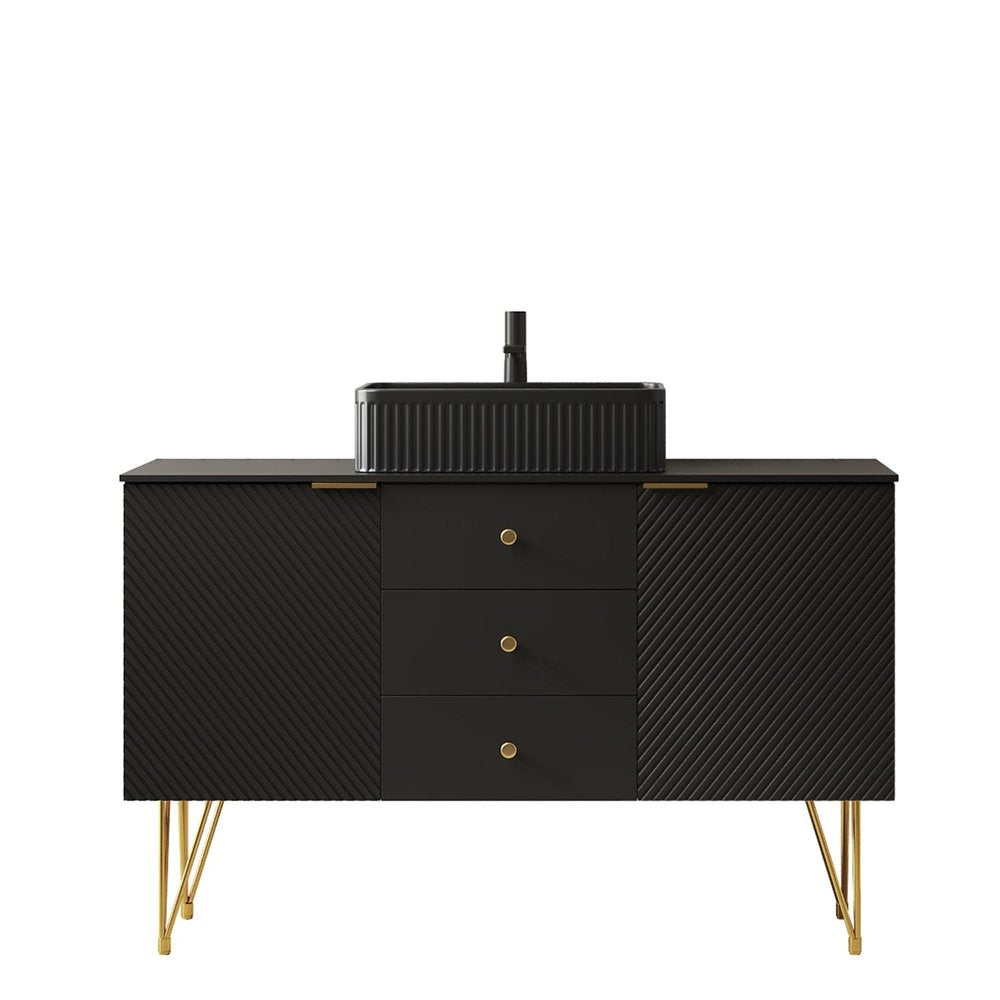 48" Black Wood Three Door Bathroom Vanity With Ceramic Sink With Two Drawers