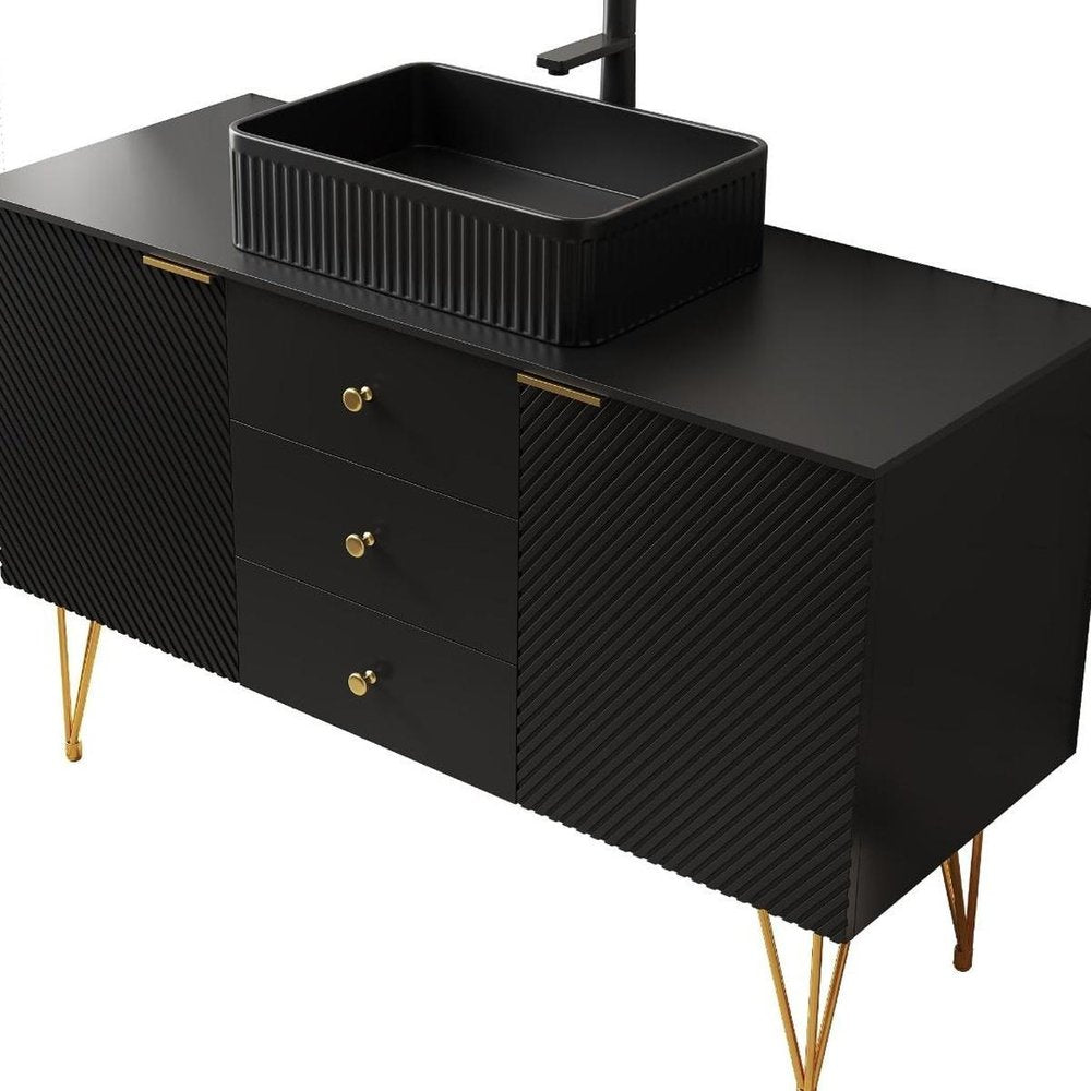 48" Black Wood Three Door Bathroom Vanity With Ceramic Sink With Two Drawers HomeRoots