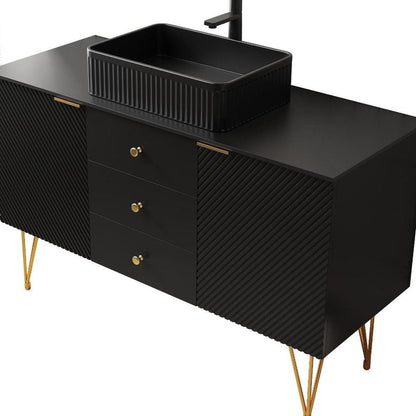48" Black Wood Three Door Bathroom Vanity With Ceramic Sink With Two Drawers HomeRoots